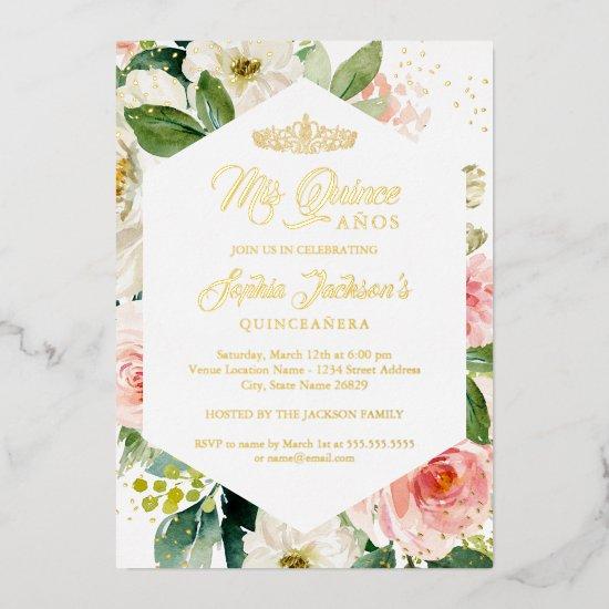 Modern Blush Gold Watercolor Floral Quinceanera Foil