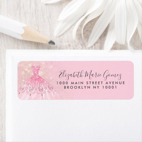Modern Blush Pink Gold Glitter Gown Quinceanera Label