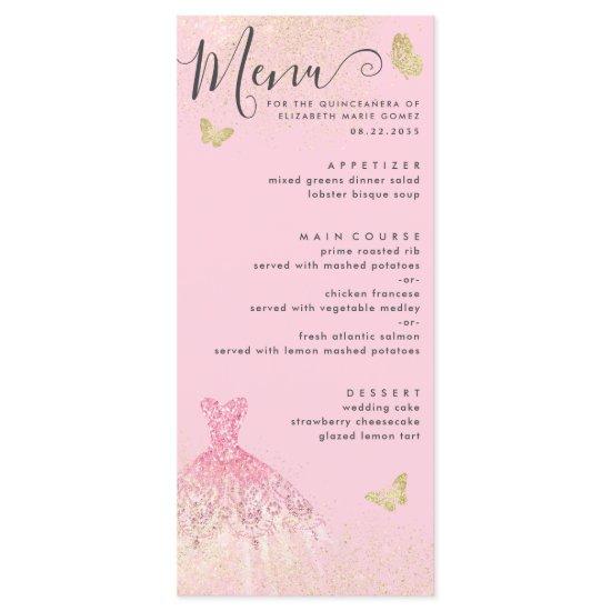 Modern Blush Pink Gold Glitter Gown Quinceanera Menu