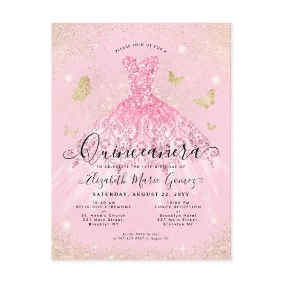Modern Blush Pink Gold Glitter Gown Quinceanera Postcard