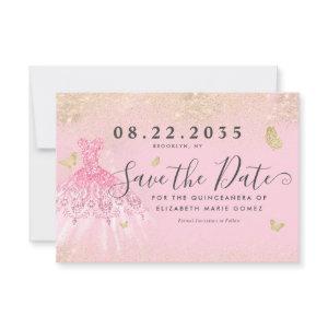 Modern Blush Pink Gold Glitter Gown Quinceanera Save The Date