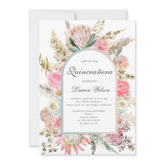 modern bohemian floral quinceanera photo card