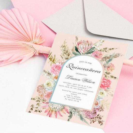 modern bohemian floral quinceanera photo card