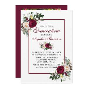 Modern Burgundy Floral Greenery Photo Quinceanera