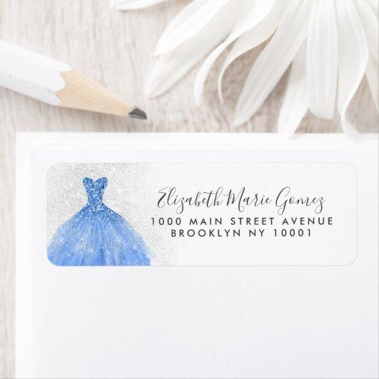 Modern Dusty Blue Silver Glitter Gown Quinceanera Label