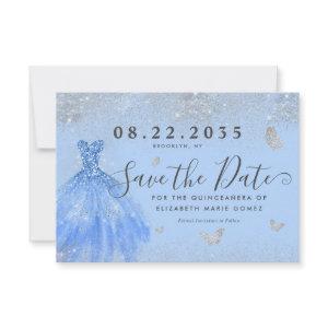 Modern Dusty Blue Silver Glitter Gown Quinceanera Save The Date