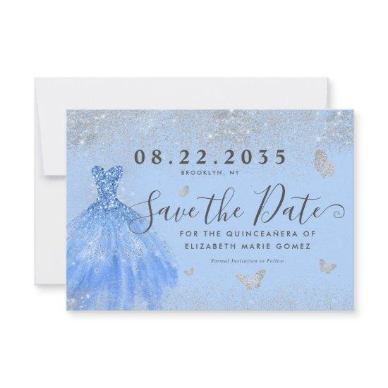 Modern Dusty Blue Silver Glitter Gown Quinceanera Save The Date