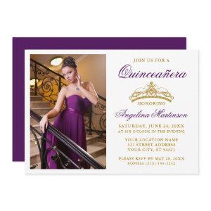 Modern Elegant Gold Crown Photo Purple Quinceanera