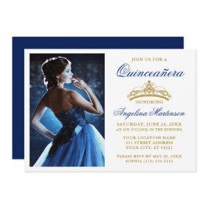 Modern Elegant Gold Crown Royal Blue Quinceanera
