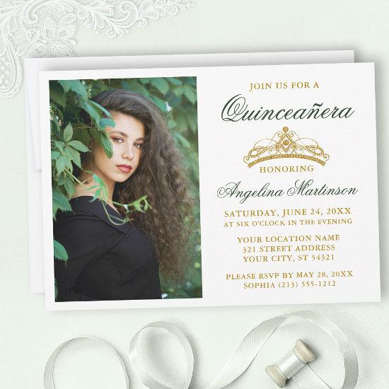 Modern Elegant Green Gold Crown Photo Quinceanera