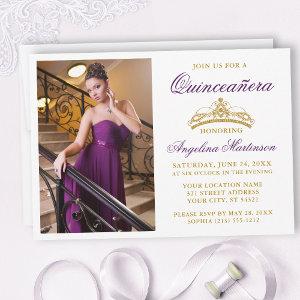 Modern Elegant Purple Gold Crown Photo Quinceanera