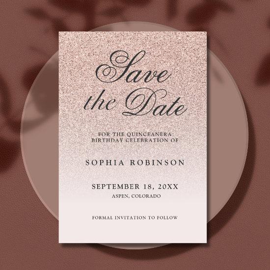 Modern Elegant Rose Gold Save the Date Quinceañera