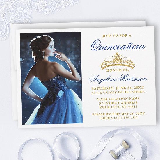 Modern Elegant Royal Blue Gold Crown Quinceanera