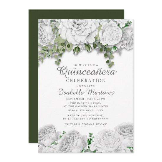 Modern Elegant White Floral Green Quinceañera