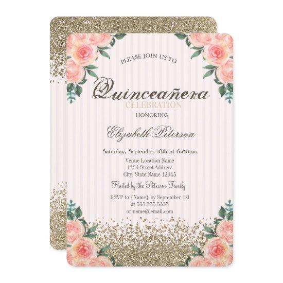 Modern Faux Gold Diamonds Roses Stiped Quinceañera