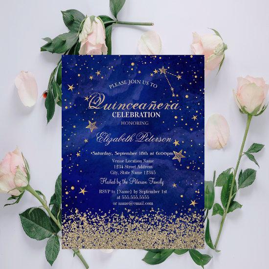 Modern Faux Gold Diamonds Stars Blue Quinceañera
