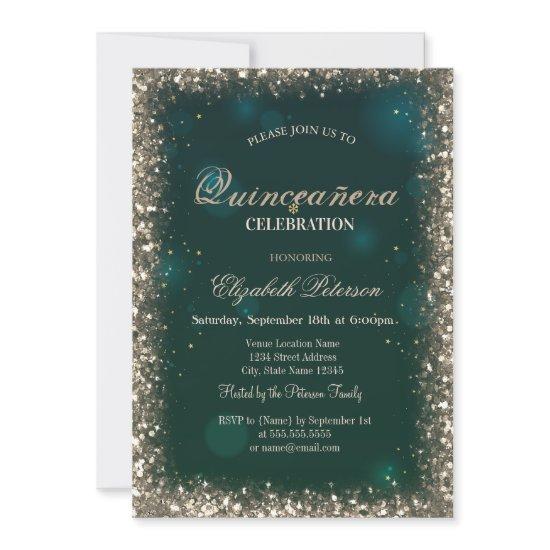 Modern Faux Gold Sequins Frame Green Quinceañera