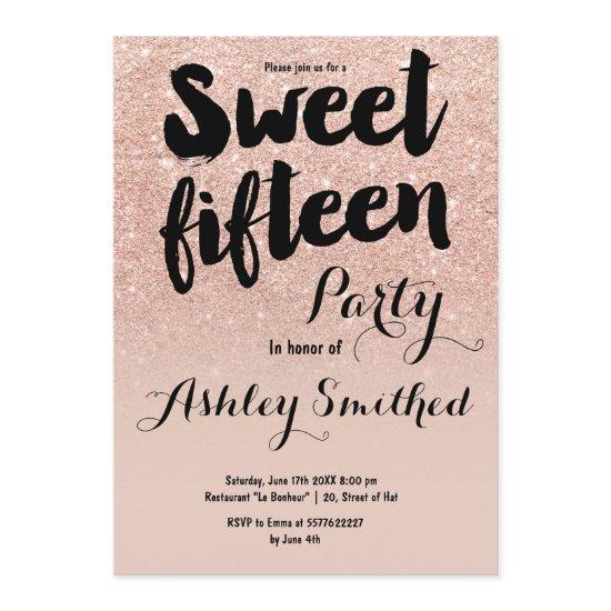 Modern faux rose gold glitter typography Sweet 15