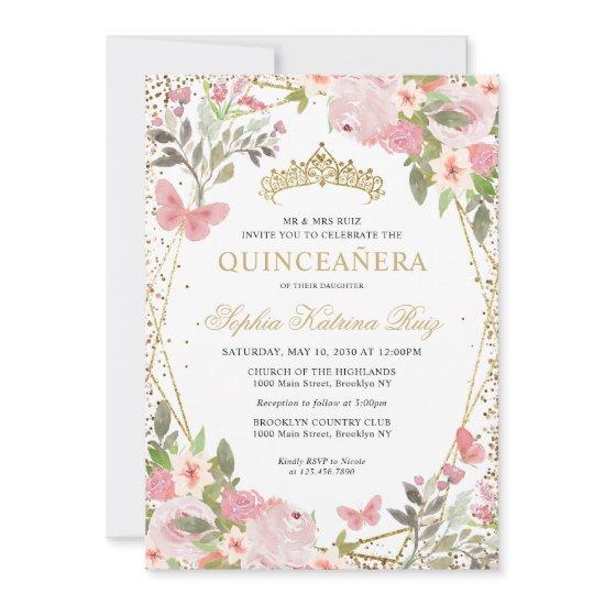 Modern Floral Blush Pink Gold Tiara Quinceañera