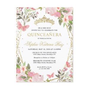 Modern Floral Blush Pink Gold Tiara Quinceañera Postcard