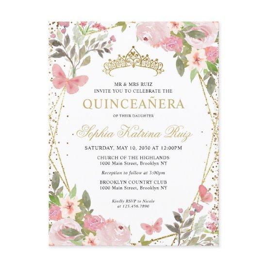 Modern Floral Blush Pink Gold Tiara Quinceañera Postcard