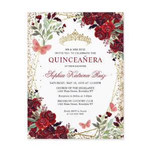 Modern Floral Burgundy Red Gold Tiara Quinceañera Postcard