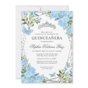 Modern Floral Dusty Blue Silver Tiara Quinceañera