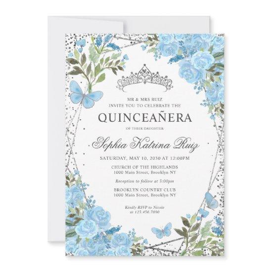 Modern Floral Dusty Blue Silver Tiara Quinceañera