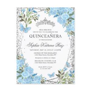 Modern Floral Dusty Blue Silver Tiara Quinceañera Postcard