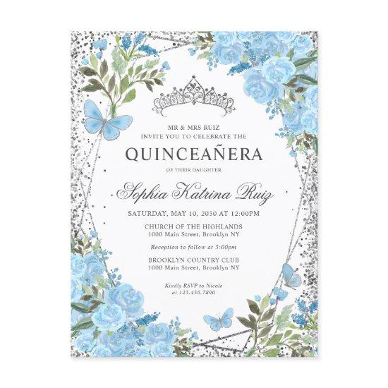 Modern Floral Dusty Blue Silver Tiara Quinceañera Postcard