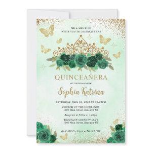 Modern Floral Emerald Green Gold Tiara Quinceañera