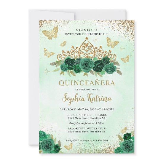Modern Floral Emerald Green Gold Tiara Quinceañera