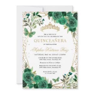 Modern Floral Emerald Green Gold Tiara Quinceañera