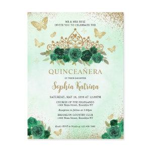 Modern Floral Emerald Green Gold Tiara Quinceañera Postcard