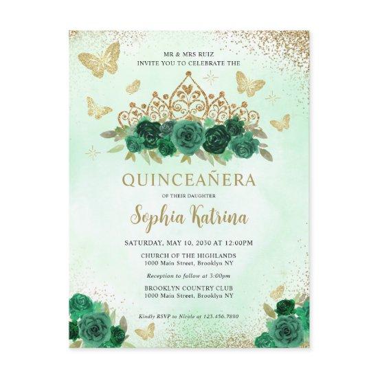 Modern Floral Emerald Green Gold Tiara Quinceañera Postcard