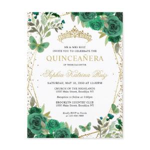 Modern Floral Emerald Green Gold Tiara Quinceañera Postcard