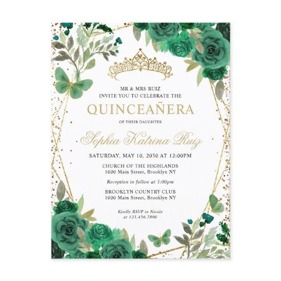 Modern Floral Emerald Green Gold Tiara Quinceañera Postcard