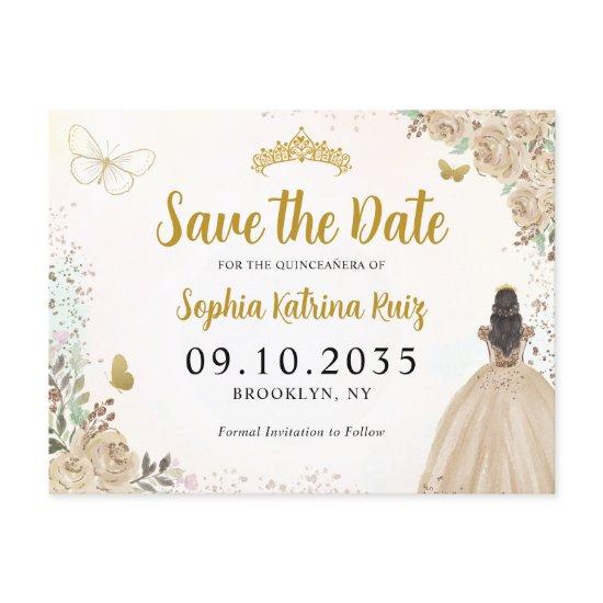 Modern Floral Light Gold Quinceanera Save the Date Postcard
