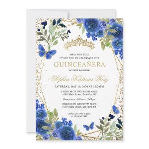 Modern Floral Navy Blue Gold Tiara Quinceañera