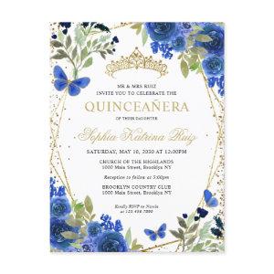 Modern Floral Navy Blue Gold Tiara Quinceañera Postcard