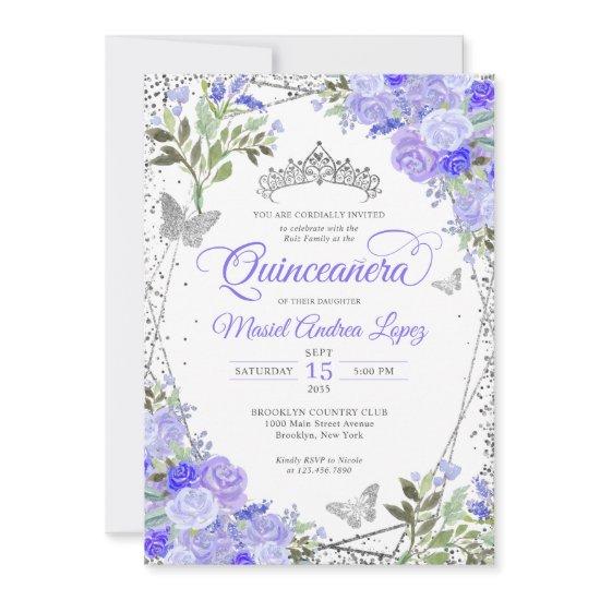 Modern Floral Purple Glam Silver Tiara Quinceañera