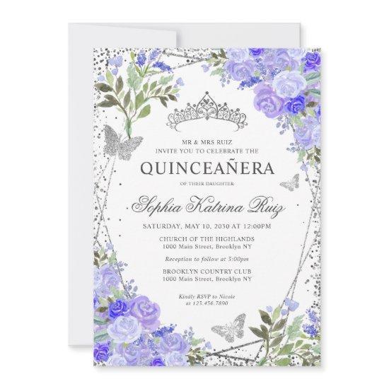 Modern Floral Purple Glam Silver Tiara Quinceañera