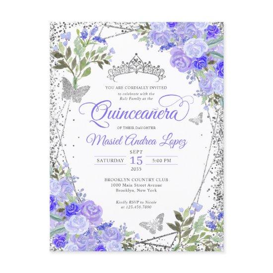 Modern Floral Purple Glam Silver Tiara Quinceañera Postcard