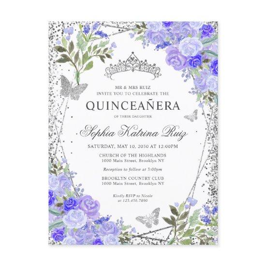 Modern Floral Purple Silver Gray Tiara Quinceañera Postcard