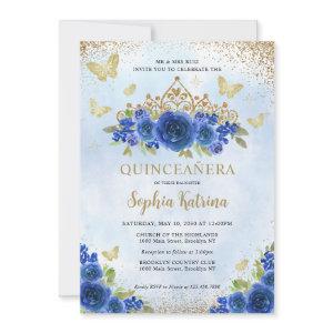 Modern Floral Royal Blue Gold Tiara Quinceañera