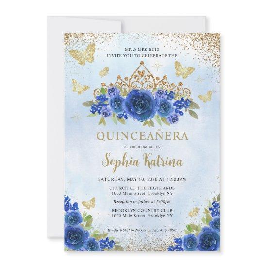 Modern Floral Royal Blue Gold Tiara Quinceañera