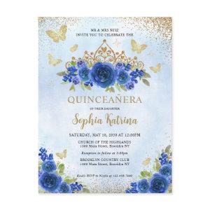 Modern Floral Royal Blue Gold Tiara Quinceañera Postcard