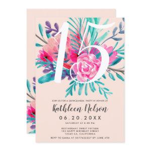 Modern floral watercolor neon pink Quinceanera