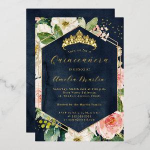 Modern Geo Blush Navy Floral Quinceanera  Foil