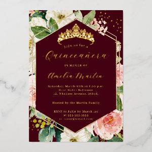 Modern Geo Burgundy Blush Floral Quinceanera  Foil